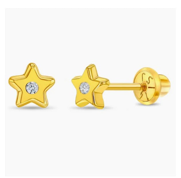 Baby and Children's Earrings:  14k Gold Stars with Central Clear CZ and Screw Backs and Gift Box