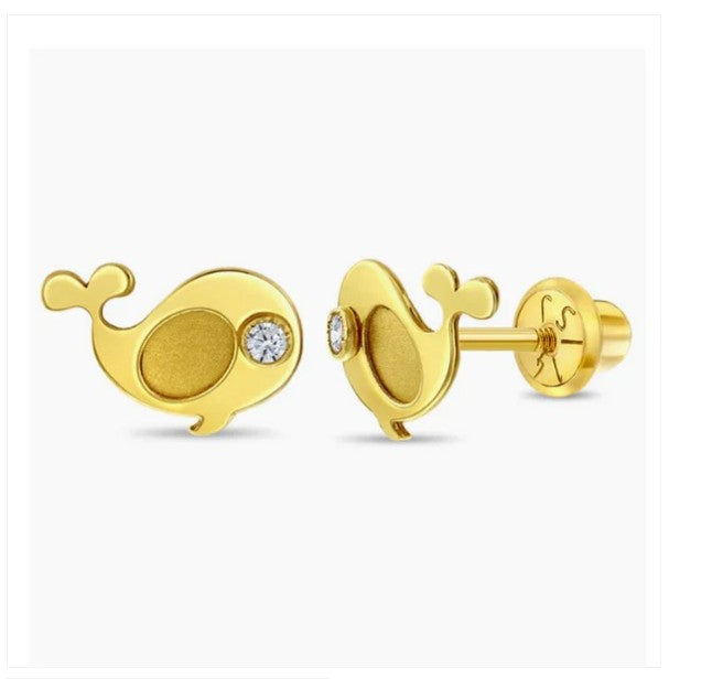 Children's Earrings:  14k Solid Gold Whale Earrings with Screw Backs and Gift Box