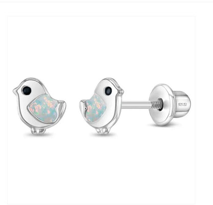 Children's Earrings:  Sterling Silver Opal Inlaid Birds with Screw Backs and Gift Box