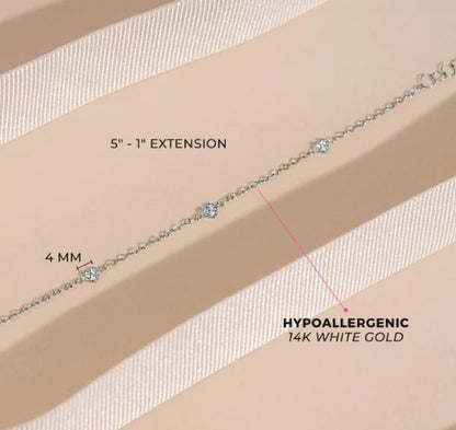 Baby and Children's Bracelets:  14k Solid White Gold Bracelet with Clear CZ Hearts and Gift Box