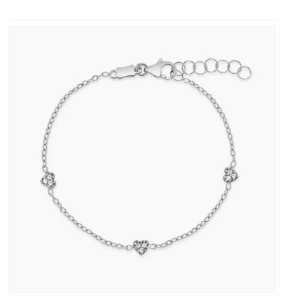 Baby and Children's Bracelets:  14k Solid White Gold Bracelet with Clear CZ Hearts and Gift Box