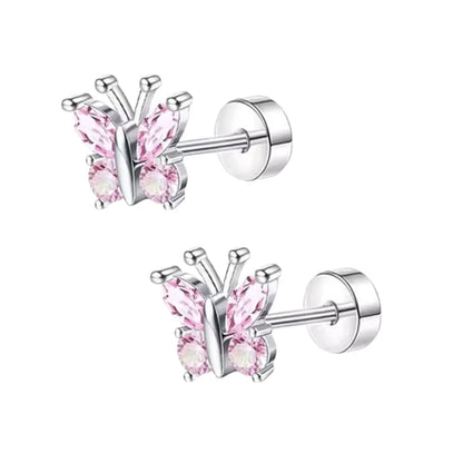 Children's earrings featuring pink CZ butterfly studs in 316L surgical steel with screw-back fastenings.