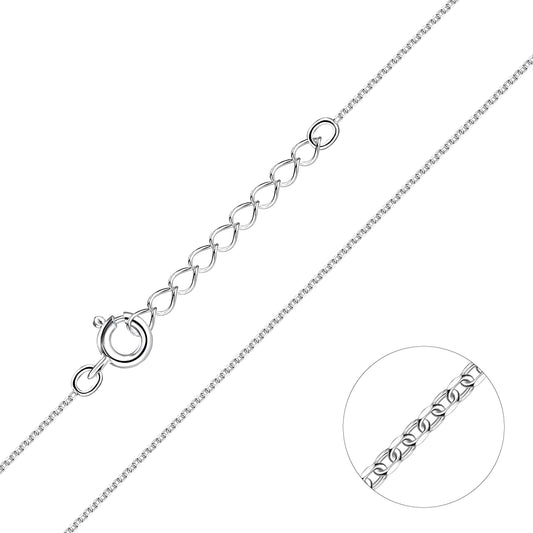 Silver chain necklace with a close-up inset on a white background