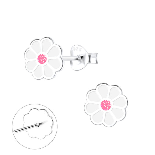 Daisy earrings made of 925 sterling silver with white and pink glitter enamel, featuring secure push back closures.