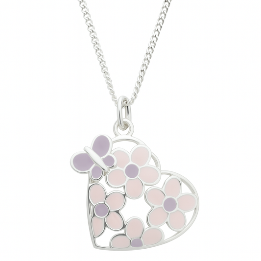 Product image of a heart-shaped silver pendant featuring pastel pink and lavender enamel flowers and a butterfly, suspended from a polished silver chain on a white background.