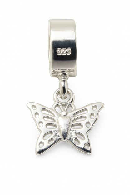 Product image of a sterling silver butterfly charm with intricate cut-out wing details, hanging from a polished silver bail stamped with '925', displayed against a clean white background