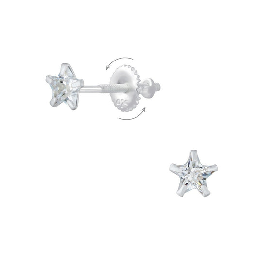 A pair of children's earrings made of sterling silver with a clear star design and a central cubic zirconia, displayed with a gift box.