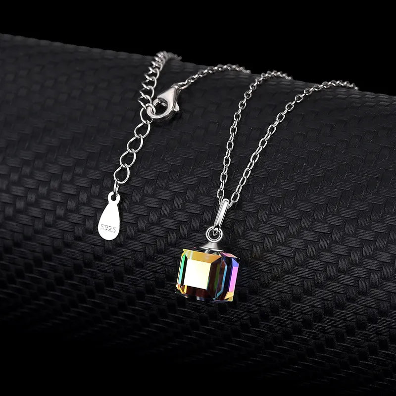 Children's, Teens' and Mothers' Necklaces:  Sterling Silver, Austrian Aurora Borealis Crystal Cube Necklace 40 + 4cm