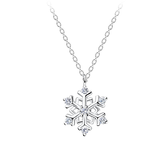 Snowflake necklace featuring a sterling silver CZ snowflake pendant on a delicate chain, perfect for winter celebrations.