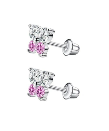 A pair of butterfly-shaped children's earrings with pink and white cubic zirconia stones, crafted from surgical steel and presented in a gift box.