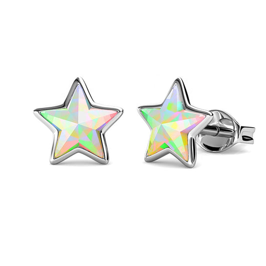 Star earrings featuring tiny rainbow Austrian crystals set in 925 sterling silver with 18k white gold plating.