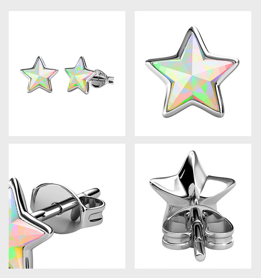 Star earrings featuring rainbow Austrian crystal stars in 925 sterling silver, exquisite and playful for any outfit.