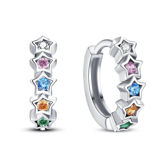Star hoop earrings featuring 925 sterling silver and rainbow CZ stones, perfect for adding color and charm.