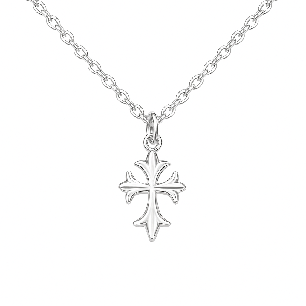 Children's necklace featuring a sterling silver fleur de lis cross pendant on a chain.