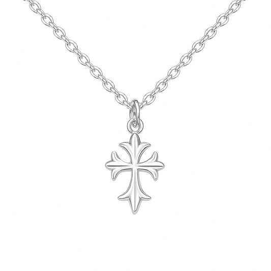 Children's necklace featuring a sterling silver fleur de lis cross pendant on a chain.