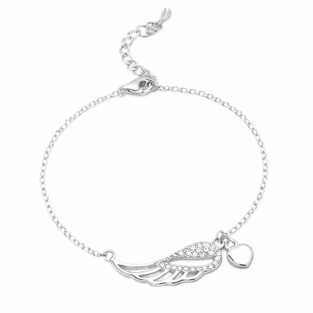 Sterling Silver CZ Angel Wing Bracelet with Heart Charm for Tweens, Teens & Adults