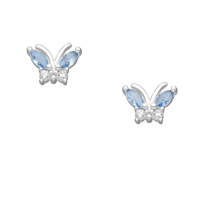 Sterling silver butterfly shaped stud earrings with blue and clear cubic zirconia wings on a white background