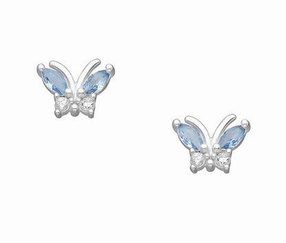 Sterling silver butterfly shaped stud earrings with blue and clear cubic zirconia wings on a white background