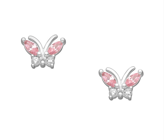 Sterling silver butterfly shaped stud earrings with pink and clear cubic zirconia wings on a white background
