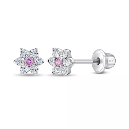 A pair of sterling silver children's earrings featuring a flower design with white and pink cubic zirconia.