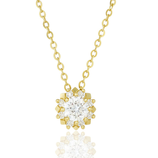 Sterling silver cz cluster necklace featuring an 18k gold plated chain and a sparkling centerpiece.
