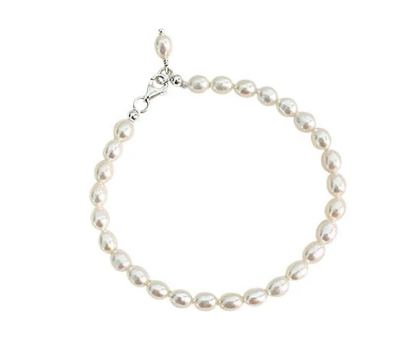 Sterling silver freshwater rice pearl bracelet featuring creamy white pearls and a silver clasp, ideal for tweens, teens & adults.