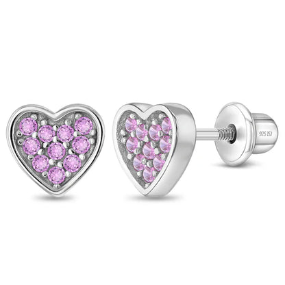 Heart-shaped earrings with pink gemstones on a white background