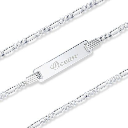 Sterling silver Figaro ID bracelet for kids with engravable plate, 18cm length