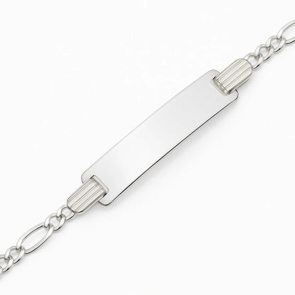 Close-up view of engravable ID plate on sterling silver children's bracelet