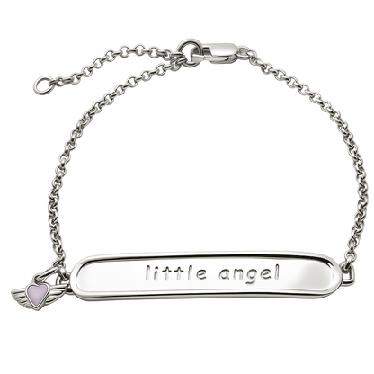 Silver bracelet with 'little angel' engraving on a white background