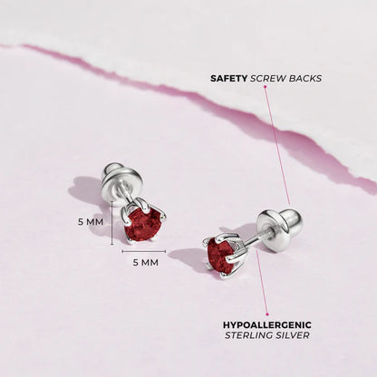 Sterling silver birthstone stud earrings with screw backs, featuring sparkling red cubic zirconia, hypoallergenic and kid-friendly design.