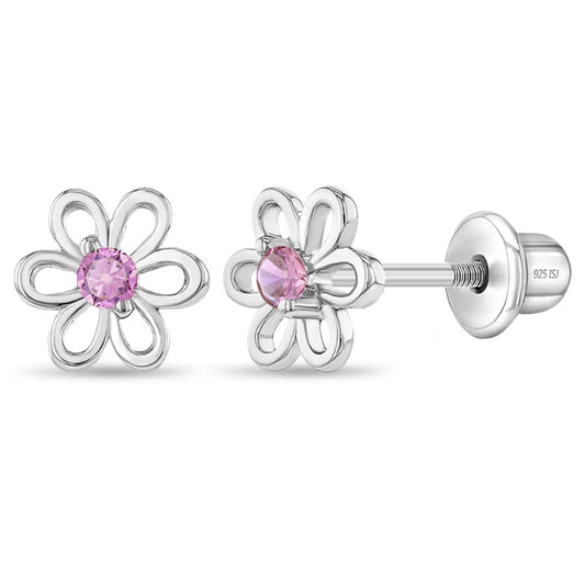 Sterling silver flower stud earrings with pink CZ stones and screw back design