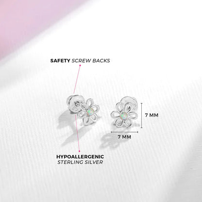Sterling silver flower stud earrings for girls with CZ stones and safety screw backs