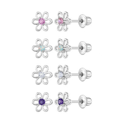 Sterling silver flower stud earrings for girls with CZ stones and safety screw backs on a white background with variations in pink. clear and purple cz and white opal