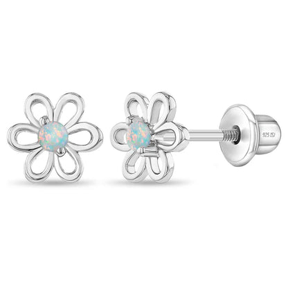 Sterling silver flower stud earrings with white opal stones for sensitive ears