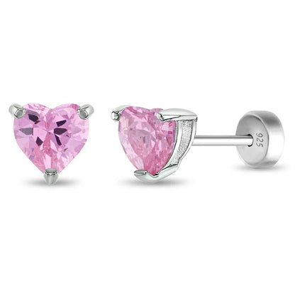 Pink crystal heart earrings - sterling silver with CZ stones for girls