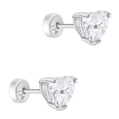 Clear heart CZ earrings close-up showing prong setting and sterling silver quality