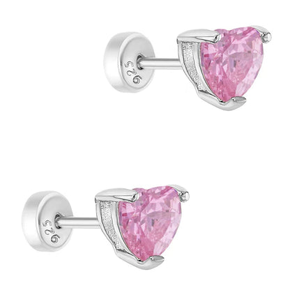 Pink heart CZ earrings close-up showing prong setting and sterling silver craftsmanship