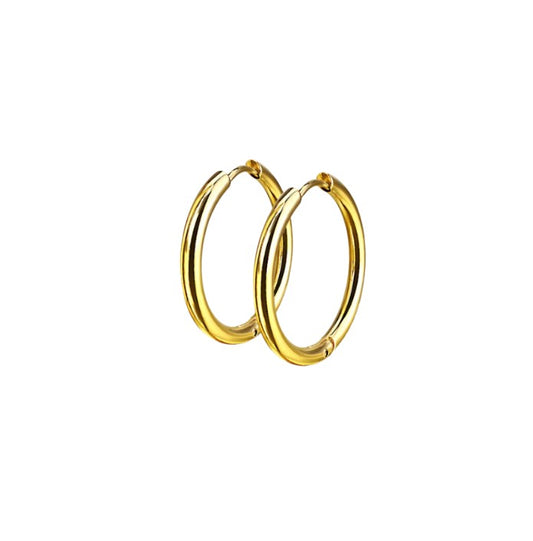 Gold hinged hoop earrings on a white background