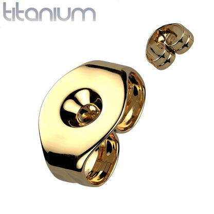 Gold earring on a white background with 'titanium' text above.