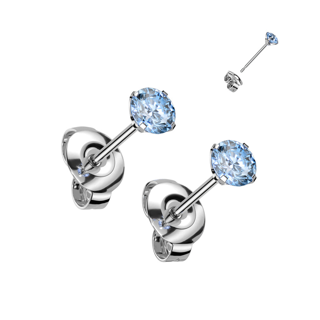 Titanium earrings featuring 4mm aqua CZ studs, made from implant grade titanium with push back design.