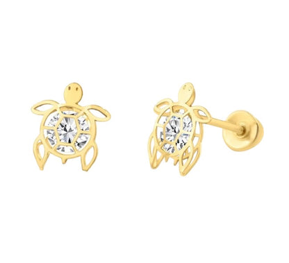 Turtle earrings in solid 14k yellow gold with clear CZ and filigree design, featuring secure screw backs.