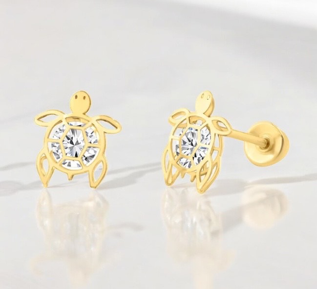 Turtle earrings in 14k yellow gold filigree style with clear CZ stones for a charming, elegant accessory.