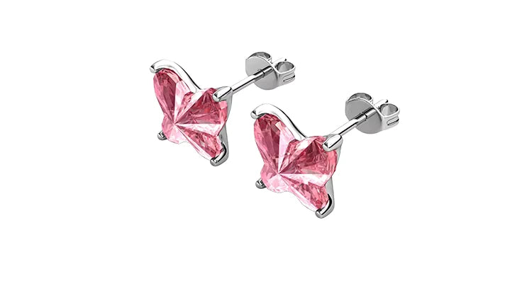 Children's earrings featuring 925 sterling silver pink Austrian crystal butterfly studs for kids.