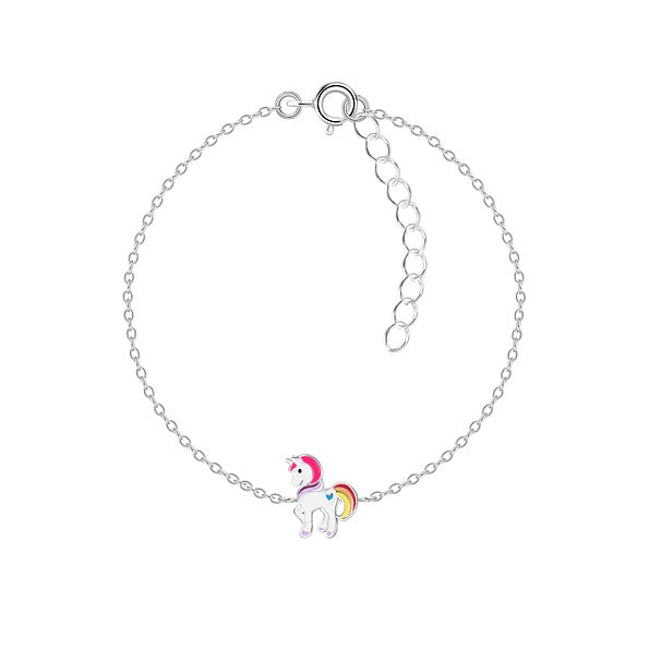Unicorn bracelet featuring brightly enamelled unicorn charm on a sterling silver chain.