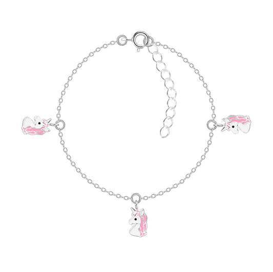 Unicorn bracelet featuring pink and white enamel charms, crafted from 925 sterling silver for children ages 2 to 6.