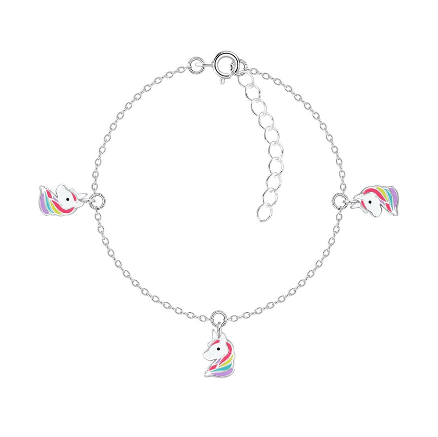 Unicorn bracelet in sterling silver with colorful unicorn charms in pink, yellow, blue, and lavender for magical fun.