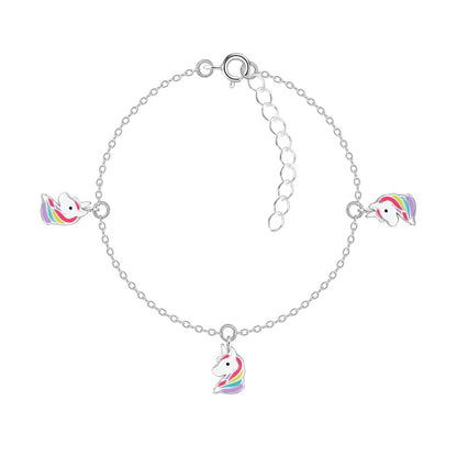 Unicorn bracelet in sterling silver with colorful unicorn charms in pink, yellow, blue, and lavender for magical fun.