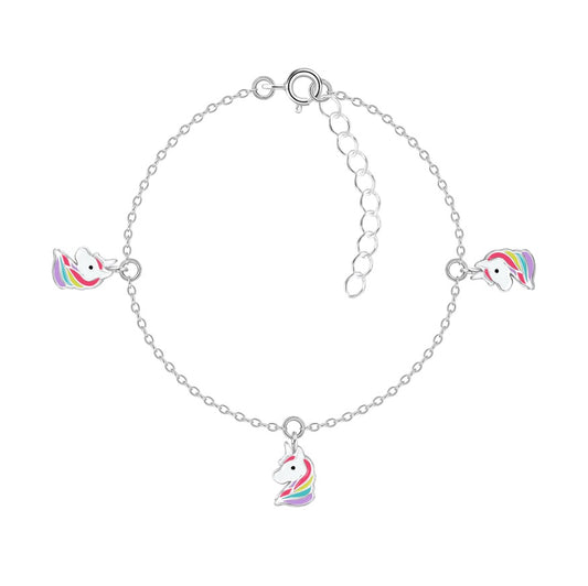 Unicorn bracelet in sterling silver with colorful unicorn charms in pink, yellow, blue, and lavender for magical fun.