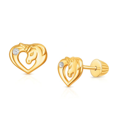 Unicorn earrings featuring 14k gold over silver with cubic zirconia accents in heart designs.